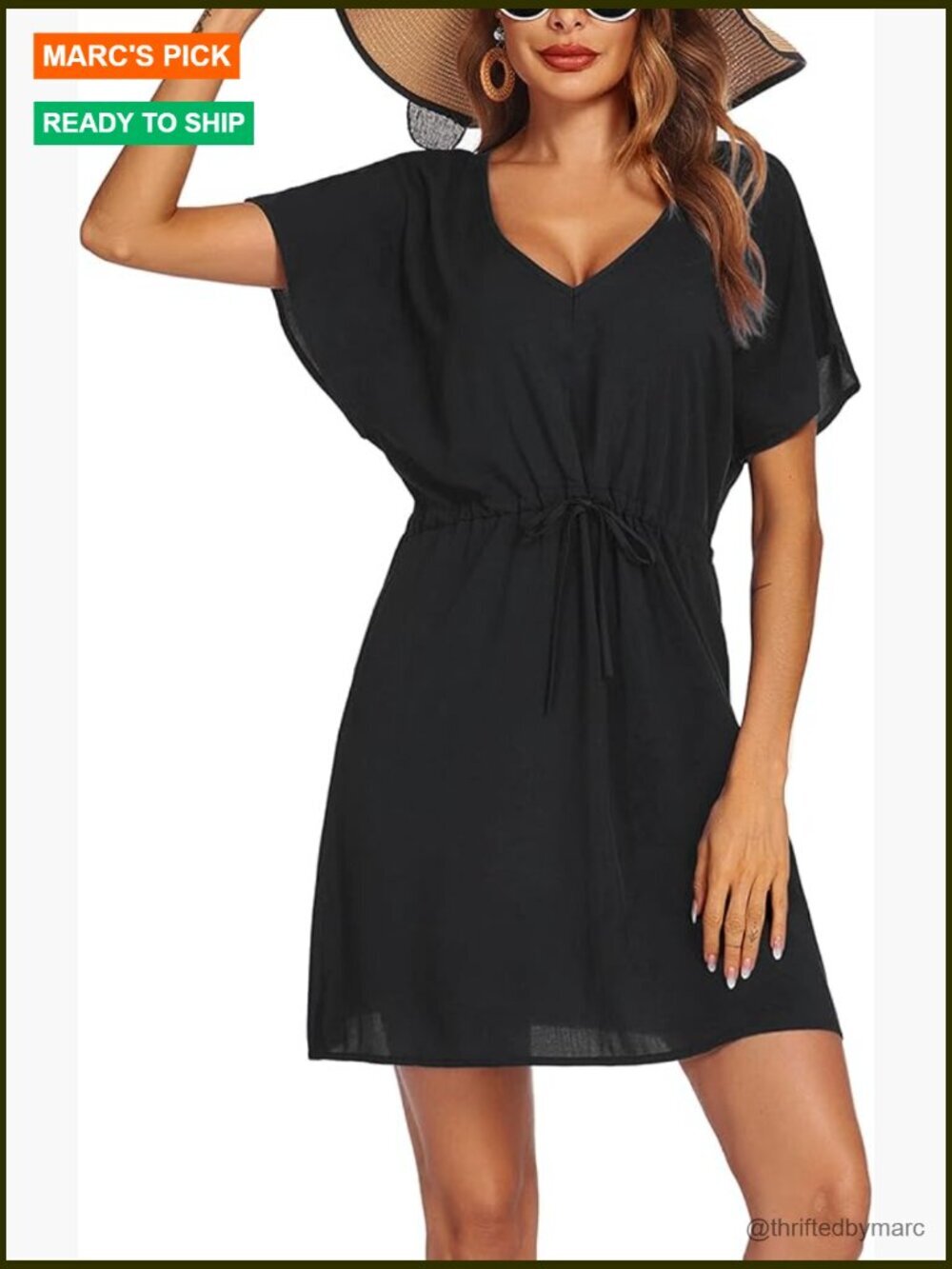 Swimsuit Coverup Short Sleeve Beach Dress V Neck Bikini Cover-Up